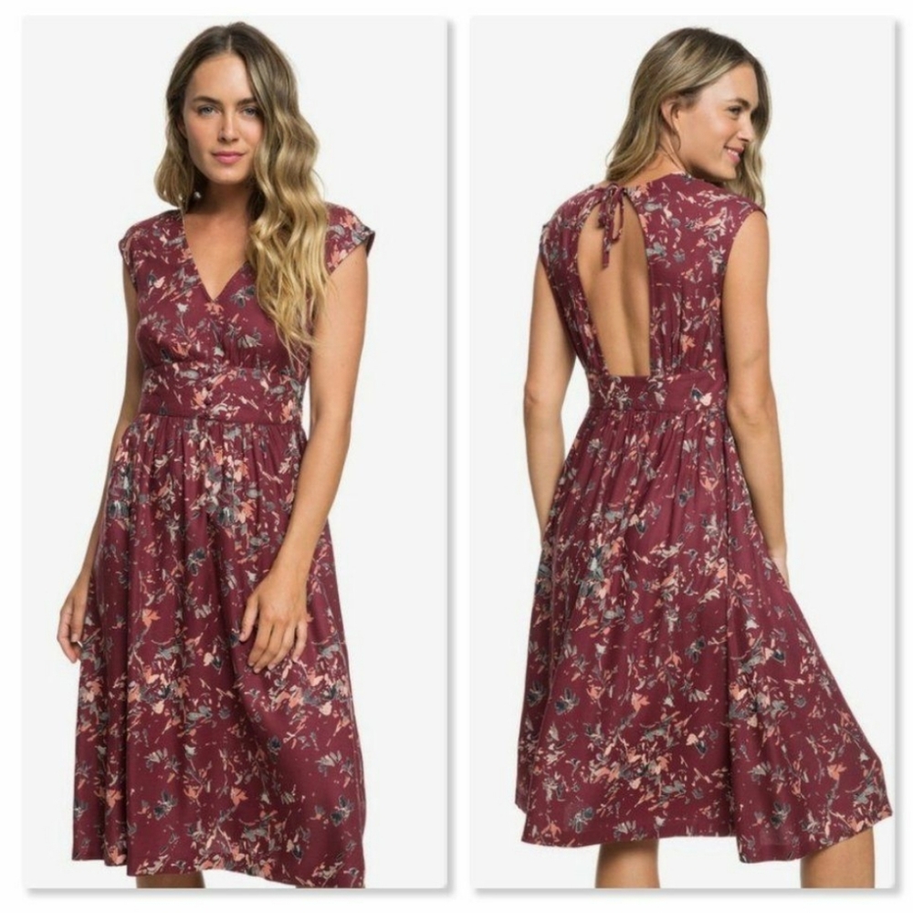 Roxy Burgundy Floral Midi Dress with Open Back